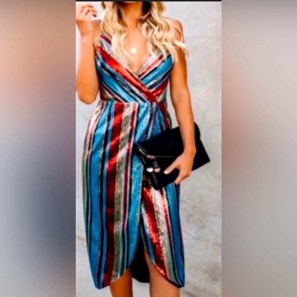 VICI Striped Multicolor Women's Sequin Wrap Midi Sleeveless Dress - Picture 2 of 9